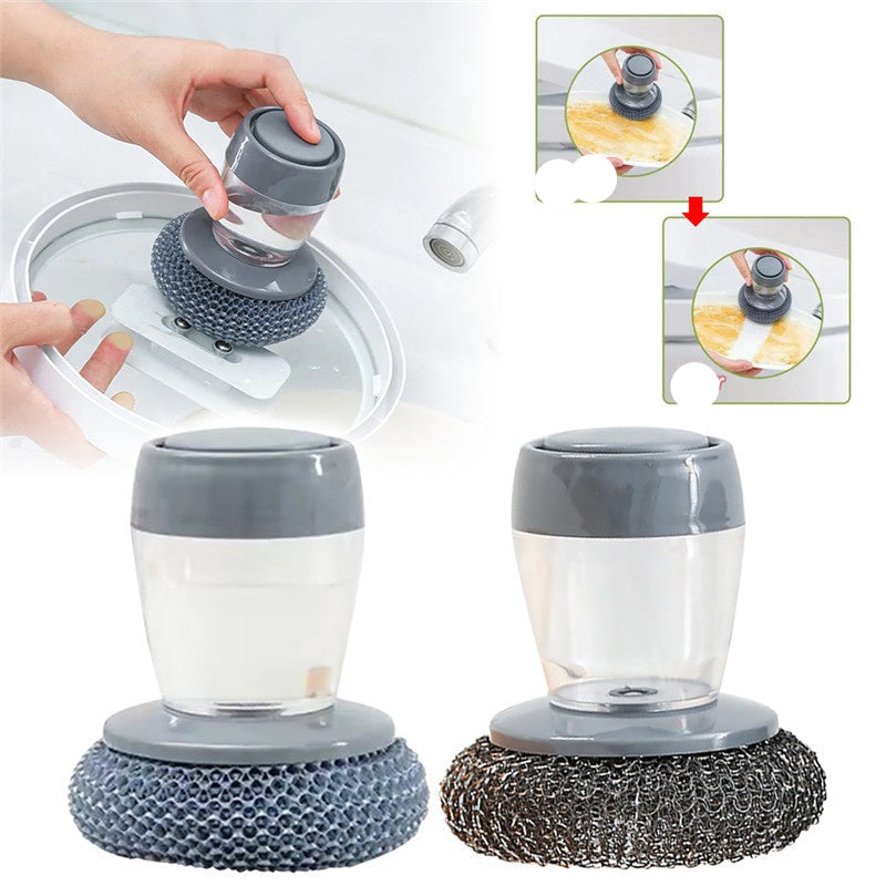 Soap dispensing kitchen scrub brush with push button