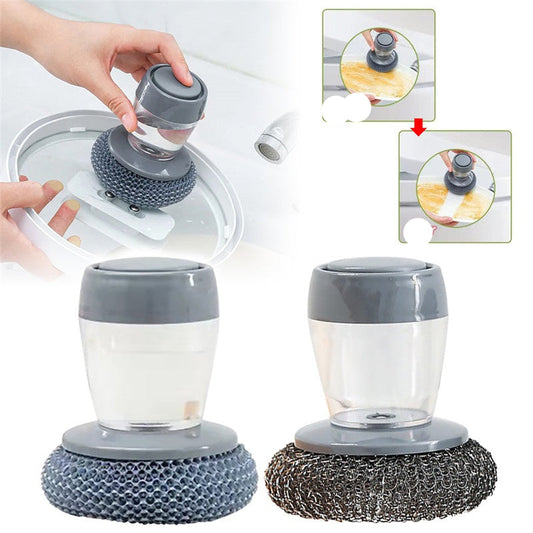 Soap dispensing kitchen scrub brush with push button